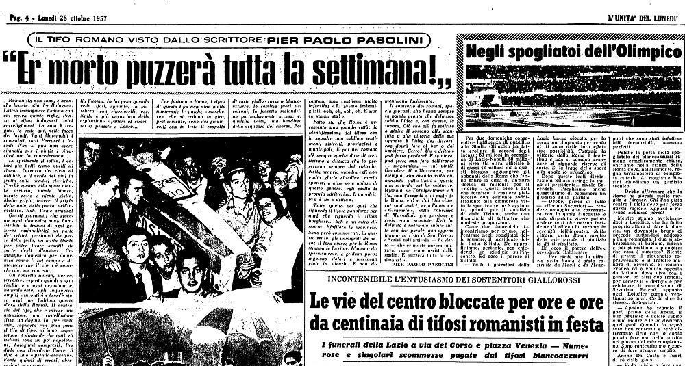 Un articolo di Pasolini sul derby di Roma sul giornale l'Unità